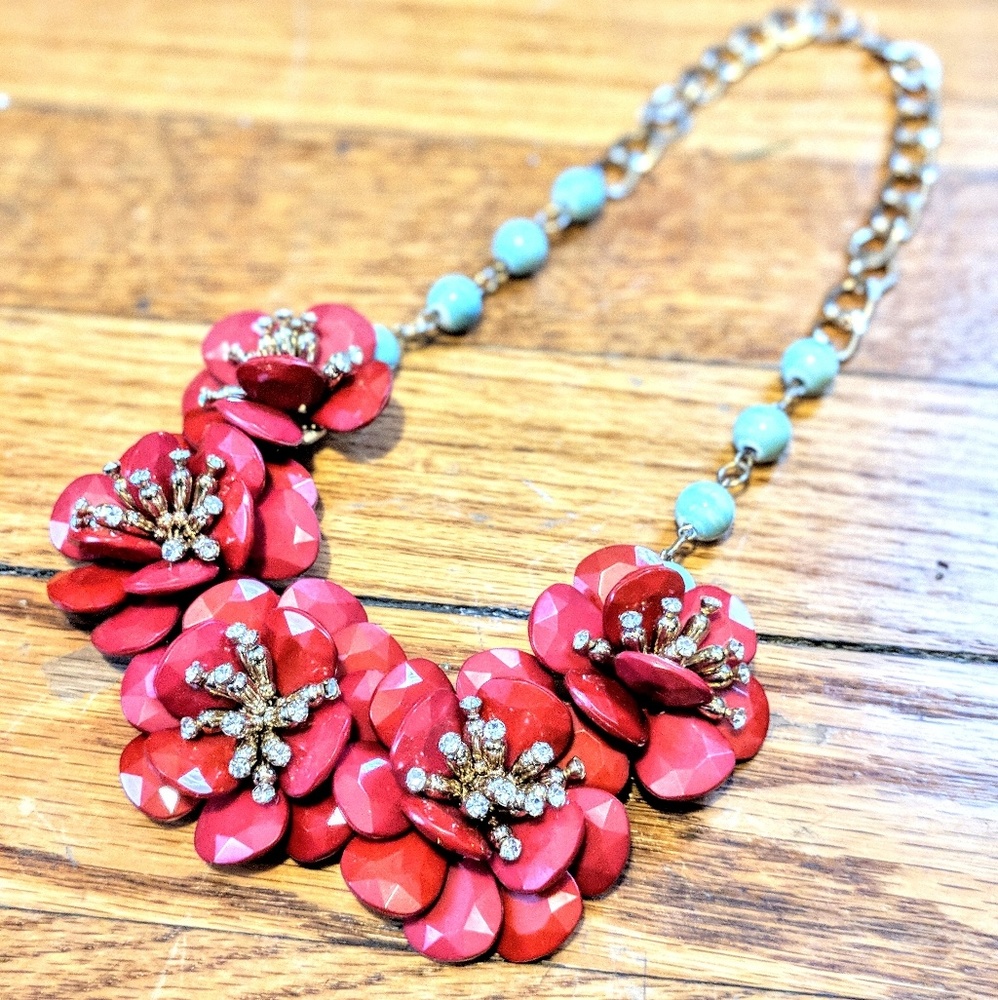 Anthropologie Red Flower Beaded Necklace